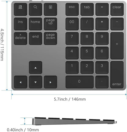 Bluetooth Number Pad, Lekvey Aluminum Rechargeable Wireless Numeric Keypad Slim 34-Keys External Numpad Keyboard Data Entry Compatible for Macbook, MacBook Air/Pro, iMac Windows Laptop Surface Pro etc