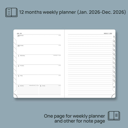 POPRUN Weekly Planner 2026 (Medium 6.5" x 8.5") Calendar 12 Months Notebook with Horizontal Layout, Leather Soft Cover, Monthly Tabs, Inner Pocket, 100GSM Thick Paper, Pen Holder - Soft Pink