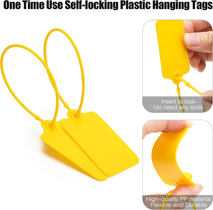 100 Yellow Blank Plastic Tags for Labeling Waterproof Hanging Labels Writable Tags Seal Plastic Marking Label for Clothes Bags Keys Inventory with One Marker Pen