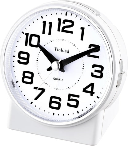 4.3" No Ticking Analog Alarm Clock,Silent Readable for Seniors,Easy to Set,Gradual Rise Alarm,Big Numbers,On/Off Switch on Side,Gentle Wake,Snooze,Lighted on Demand,Battery Operated,White
