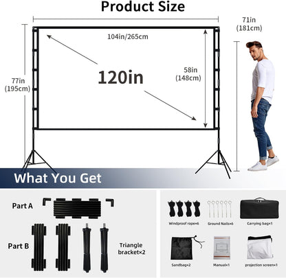 Projector Screen and Stand, Wootfairy 120 inch Foldable and Portable Projection Screen 16:9 4K HD Rear Front Wrinkle-Free Movie Screen with Carry Bag for Indoor Outdoor Home Theater Backyard Cinema