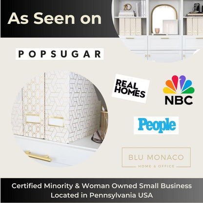 BLU MONACO Decorative Foldable Magazine Storage Boxes for Desk - Set of 4 Gold Magazine Holders with Cream Woven Design – Vintage Magazine File Organizer – Book Bins & Office Décor Storage Solution