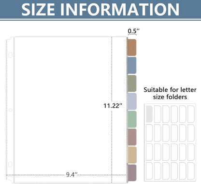 8 Set of 64 Pack Clear Binder Sheet Protectors for 3 Ring Binder Plastic Page Protector with 8 Tabs,Insertable Index Page Divider 8.5x11 Inch（Boho Color）