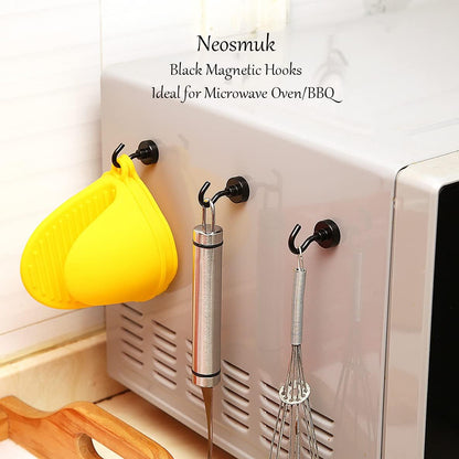 Neosmuk Black Magnetic Hooks,30lb Heavy Duty Earth Magnets with Hook for Refrigerator, Extra Strong Cruise Hook for Hanging, Magnetic Hanger for Curtain, Grill (Black, 4 Pack)