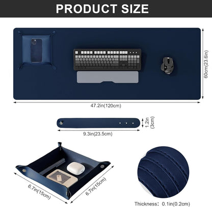 DAWNTREES Dual Sided Desk Mat,Blue Leather Desk Pad,47.2''x23.6'',Cork Desk Mat Protector,120x60cm Extra Large Mouse Pad,with PU Leather Valet Tray Organizer,Desk Writing Pad for Office and Home