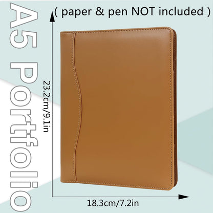 Leather Portfolio Binder 5 x 8, Mini Soft Leather Padfolio A5 Business Binder Legal Writing Pad Junior Size Document Organizer for Present Gift Kid Men Women Brown