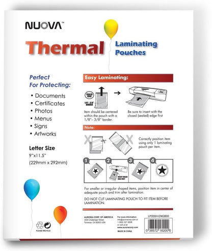 Nuova Premium Thermal Laminating Pouches, 9" x 11.5"/Letter Size/3 mil, 200 Pack (LP200H)