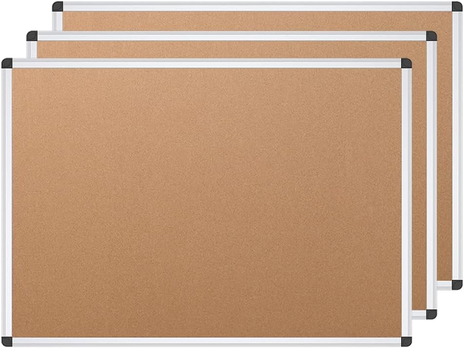 VIZ-PRO Cork Notice Board, 24 X 18 Inches, 3 Pack, Silver Aluminium Frame