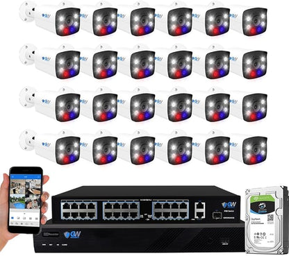 GW Security 32 Channel 8MP 4K Full-Time Color Night Vision NVR Security Camera System with (24) Two-Way Audio PoE Outdoor Cameras, AI Human & Cars Detection with Alarm Lights