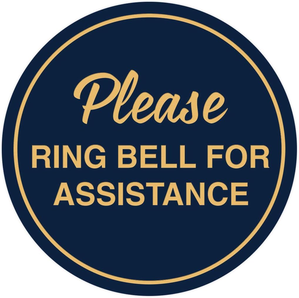 Signs ByLITA Circle Please Ring Bell For Assistance Wall or Door Sign | Easy Installation | Front Desk Reception Sign (Navy Blue/Gold) - Medium (10 Pack)
