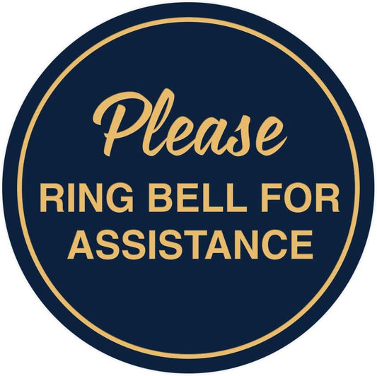 Signs ByLITA Circle Please Ring Bell For Assistance Wall or Door Sign | Easy Installation | Front Desk Reception Sign (Navy Blue/Gold) - X-large (1 Pack)