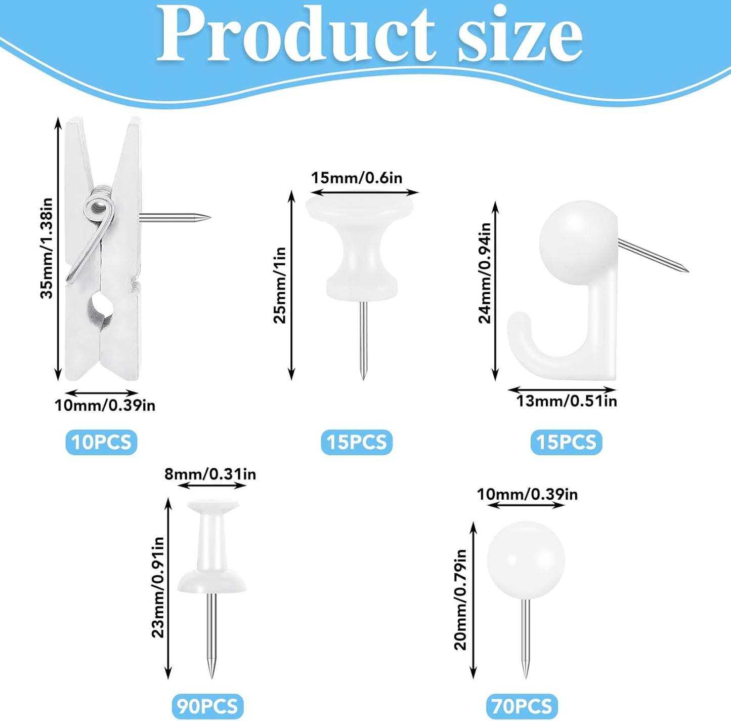 BESARME 200 Pieces Push Pins Set, 5 Types White Thumb Tacks Cute Decorative Push Pins for Wall Cork Board Bulletin Boards with Storage Box