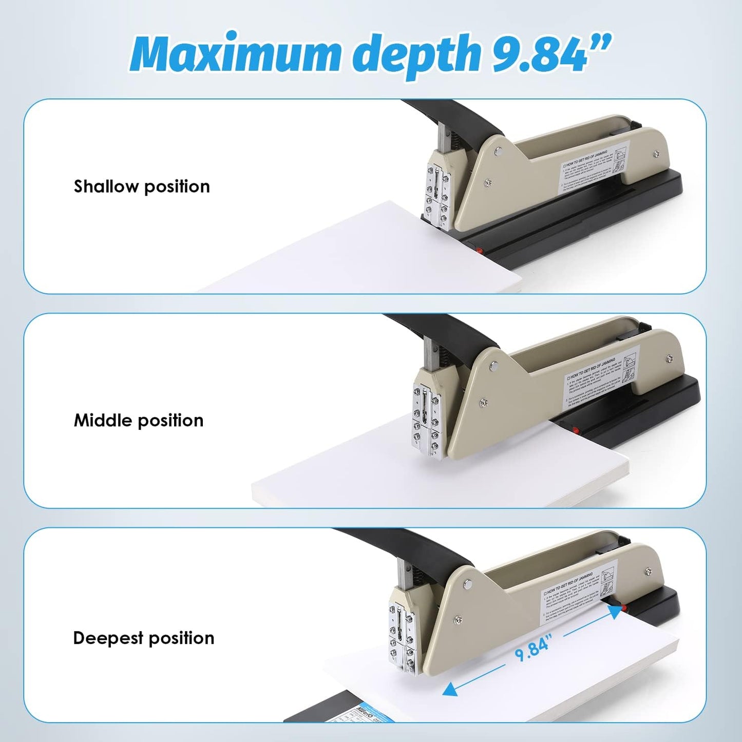 Long Reach Stapler, Heavy Duty Long Arm Stapler, 200 Sheets Capacity, 4000 Staples Gift, 9.84” Adjustable Stapling Depth Suitable for Booklets & Office Document, Fixable Paper Guide