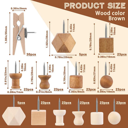 270 Pcs Wood Push Pins, 2 Colors and 7 Types Decorative Thumb Tacks Wooden Head Pin Marking Pin, Wood Thumb Tacks Decorative for Bulletin Boards Craft Projects with Storage Box