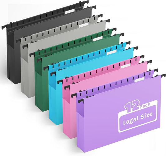 Extra Capacity Legal Plastic Hanging File Folders,2" Expanding Accordian Pocket with Black Insert Gasket,Heavy Duty for Filing Cabinet,Hard and Durable Hang Folders,Legal Size,12 Pack (Assorted Color)
