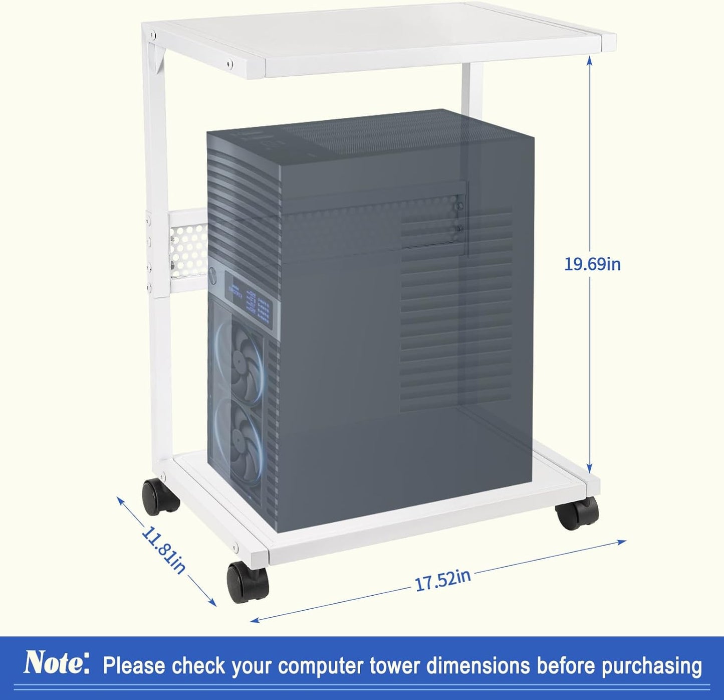 Liitrton PC Tower Stand 2-Tier CPU Stand with Locking Caster Wheels for Office & Home - Iron-White