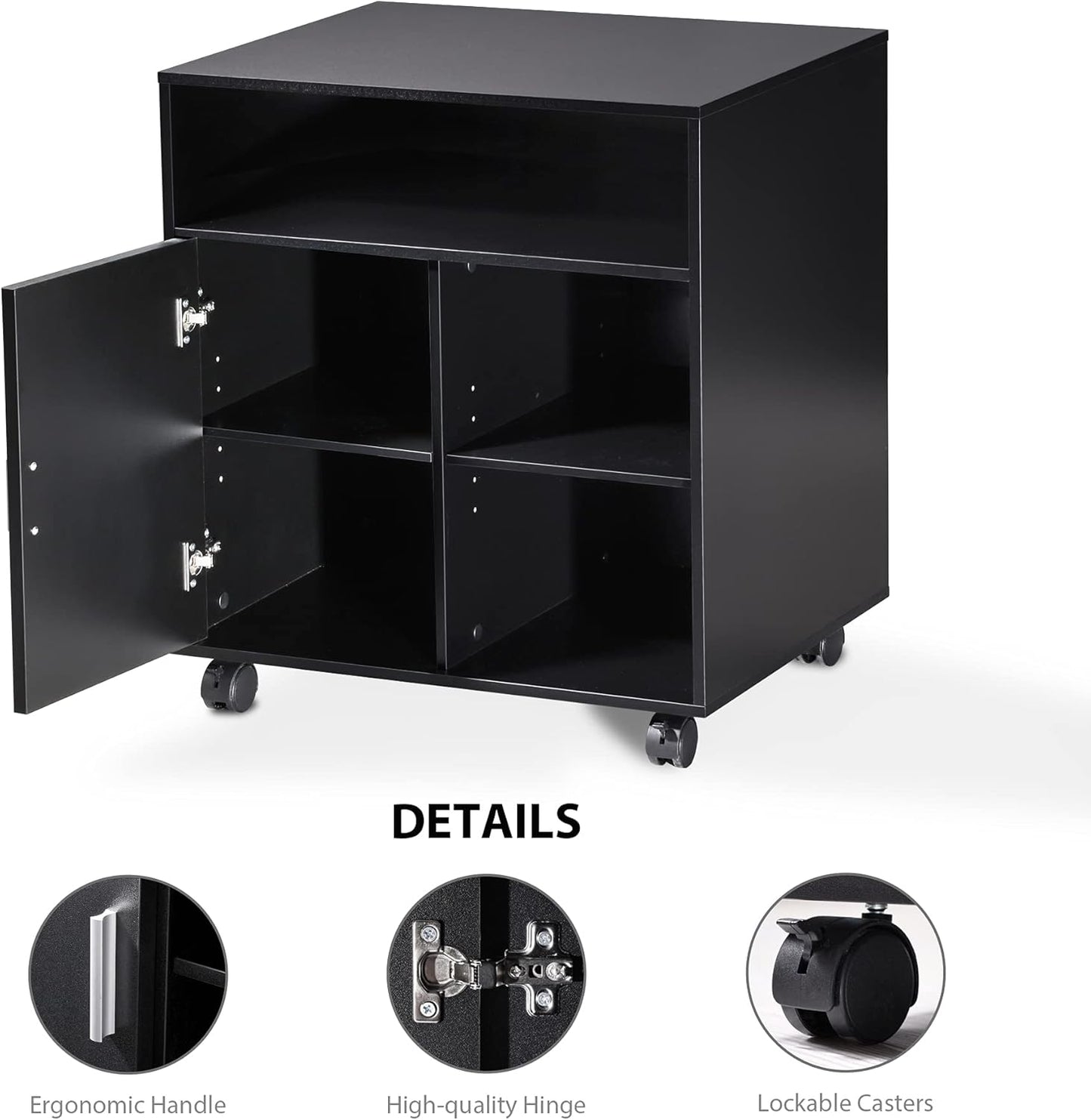FITUEYES Printer Stand with Storage Adjustable Shelves, Wood Mobile Cart with Door, Rolling File Cabinet on Wheels for Home Office, Black, PS406001WB
