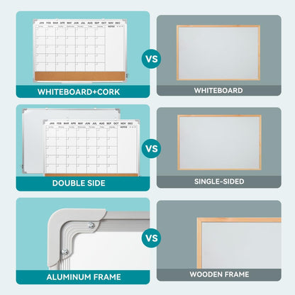 Calendar Whiteboard for Wall,24" x 18" White Board Calendar Dry Erase with Silver Aluminum Frame,Double Side Wall Hanging Board for Office,Home,Kitchen