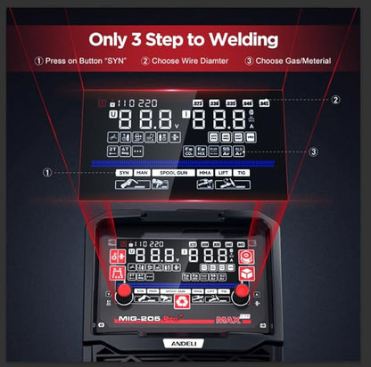 ANDELI 205A MIG Welder, 6-In-1 Multi Process Gas MIG/Spool Gun MIG/Flux Core MIG/Spot welding/Lift TIG/Stick Aluminum MIG Welding Machine With Large LED Display，110/220V Dual Voltage Welder Machine