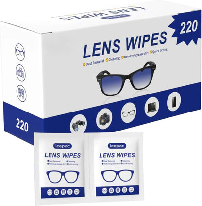 Eyeglass Cleaner Wipes, Sunglasses, Screens - Gentle and Portable for On-the-Go Cleaning of Devices, Lens Wipes for Eyeglasses, Wet Lens, Camera Lenses, Laptops, Etc. Individually Packaged（220 PCS）