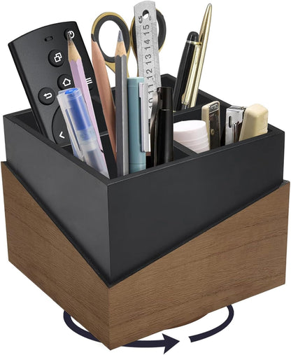 Rotating Pen Holder for Desk, Black Pencil Holder Pen Cup with Wood Grain Veneer, Wooden Desktop Pen Organizer Desk Caddy Organizer for Makeup Brush, Flatware, Remote Control