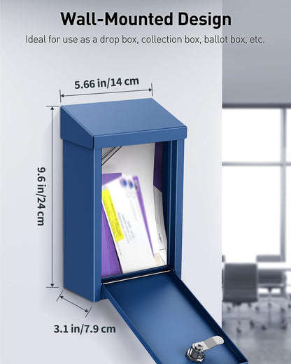 Uniclife Key Drop Box for Outside, Blue Metal Donation Box Collection Boxes with Key Lock, Safe Suggestion Boxes, Wall Mounted Mailbox with Top Slot, Steel Cash Drop Chest for Office Business