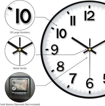 Modern Wall Clock, 10 Inch Digital Wall Clocks Battery Operated, Round Non Ticking Silent Analog Clock for Bedroom Living Room Kitchen Office Gym Classroom Decor,Black Battery Clock