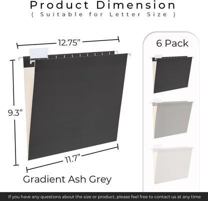 Y YOMA 6 Pack Gradient Hanging File Folders Letter Size Decorative Hanging Folder Pretty File Folder Organizer for Filing Cabinet Office Home with 1/5-Cut Adjustable Tabs, Ash Grey