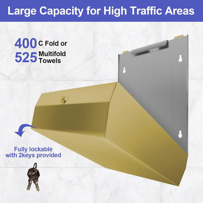 Paper Towel Dispenser Wall Mount, Brushed Gold Stainless Steel Commercial Paper Towel Holder with Lock, Large Capacity 400 C Fold/525 Multifold Towels