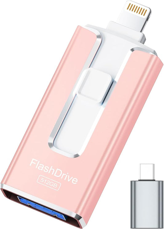 MFi Certified 512GB Flash Drive for iPhone iPad, Photo Stick for External Memory Storage, Easily Back Up and Save Files, USB Memory Stick Thumb Drive for iPhone/iPad/Android/PC (Light Pink, 512GB)