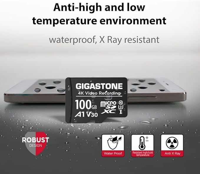 GIGASTONE 100GB Micro SD Card, A1 V30 4K Video Recording, Compatible with Security Camera, Dash Cam, Drone, 100MB/s MicroSDXC Memory Card UHS-I, with Adapter