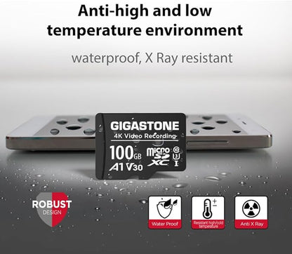 GIGASTONE 100GB Micro SD Card, A1 V30 4K Video Recording, Compatible with Security Camera, Dash Cam, Drone, 100MB/s MicroSDXC Memory Card UHS-I, with Adapter