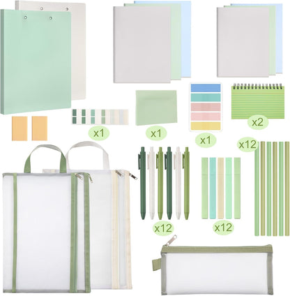 Colarr 54 Pieces Aesthetic School Supplies Including Pastel Highlighters Document Bags Pencils Notebooks Pencil Pouch Ink Pens Sticky Notes Erasers Back to School Gift Stationary Kit(Green)
