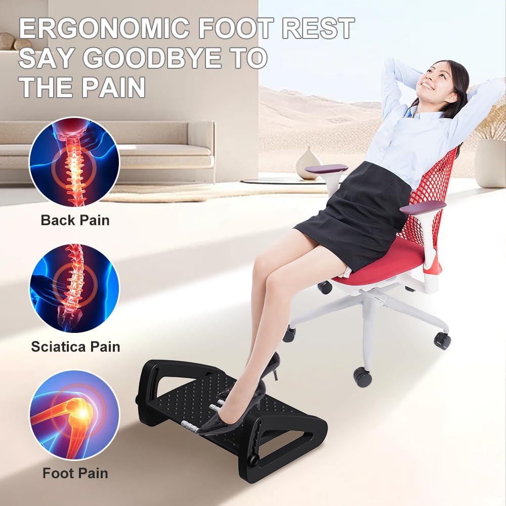 Foot Rest for Under Desk at Work - Six Heights Adjustable Under Desk Footrest - Ergonomic Foot Stools for Under Office Desks - Desks Foot Rest with Massage Rollers - Leg Rest for Chair (Black)