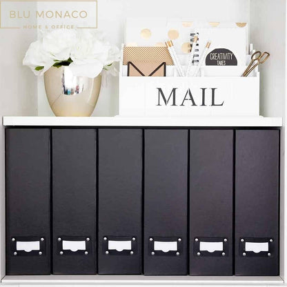 Blu Monaco Foldable Black Magazine File Holder with Leather Label Holder - Set of 6 Cardboard Magazine File Boxes Desk File Organizer