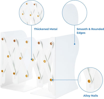 M&G Adjustable Bookends Book Ends for Shelves, Metal Bookend for Heavy Books, Desk Magazine File Organizer Holder Extends up to 20in, Book Stopper for Home, Office, Classroom (White)