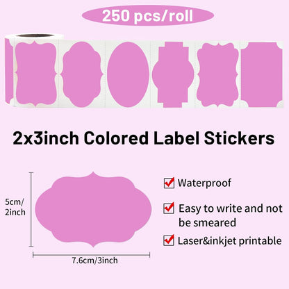 Pink Labels, 250 PCS 3" x 2" Fancy Shape Stickers for Storage Box, Food Jars, Holiday Presents Tags