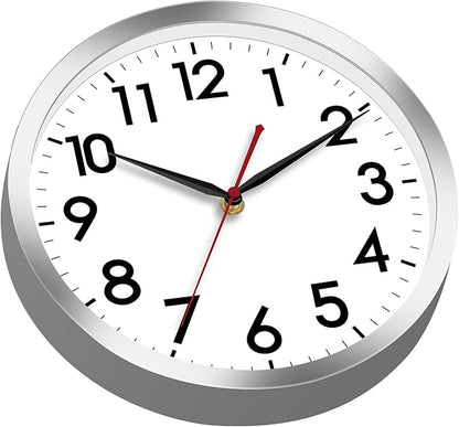AKCISOT Wall Clock 10 Inch Silent Wall Clocks Battery Operated Non Ticking - Modern Silver Clock Decorative for Kitchen, Bathroom, Bedroom, Living Room, Office, Home(Silver)