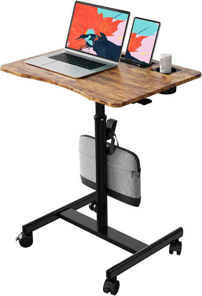 Mobile Standing Desk, 28 inch Rolling Standing Laptop Desk with Cup Holder, Mobile Desk Workstation with Wheels, Portable Computer Desk Cart with Hook for Home Office, Rustic Brown
