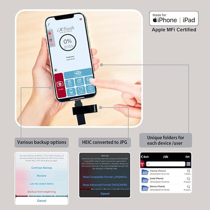 1 TB Apple MFi Certified Black iXflash Backup Photo Stick 2-in-1 USB Type A & Lightning, USB for iPhone, iPad, External Photo Storage for iPhone and Computer