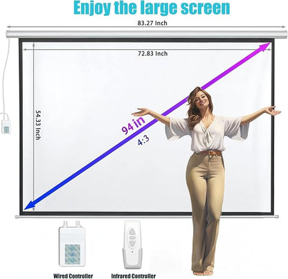 94" Motorized Projector Screen, Electric 4:3 Projector Screen with Remote Control, Indoor/Outdoor HD Movie Screen, Wall/Ceiling Mounted, Perfect for Home Office Theater TV, White