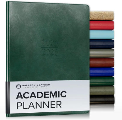 Gallery Leather Academic Planner 2025-2026, Teacher and Student Weekly Monthly Planner, Elegantly Bound Calendar with Gold-Gilded Page Edges, 18 Months - Acadia Green - 9x7"