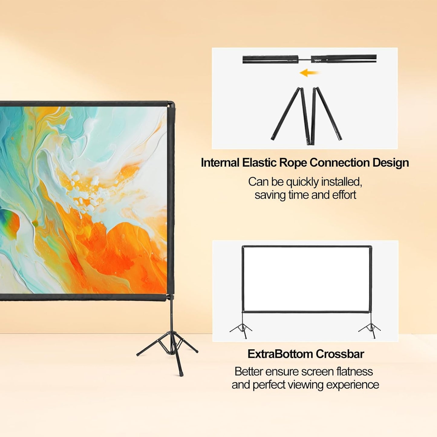 Projector Screen with Stand, 100 inch Portable Projector Screen Stand with Elastic Rope Bar, Outdoor Indoor 16:9 4K HD Wrinkle-Free Front Rear Projection Screen with Carry Bag for Home Theater Party