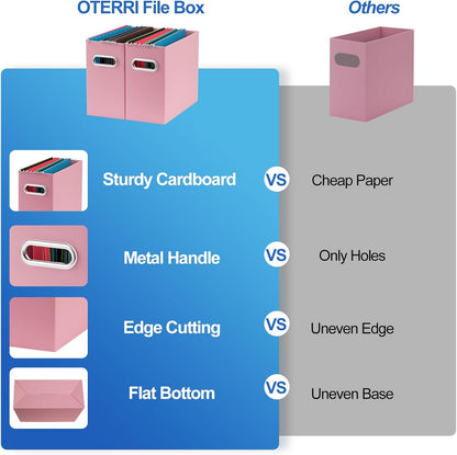 Oterri File Organizer, 6 Packs Small Storage Box, Cardboard File Folder Organizer, Collapsible File Box for Hanging File Folders Letter Size, Portable Filing Organizer with Handle（Pink）