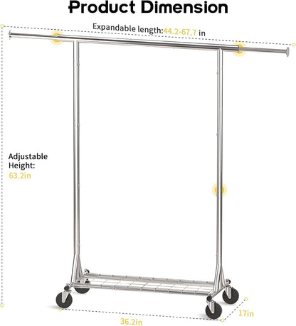 Clothing Garment Rack Capacity 550LBS Rolling Clothes Rack on Wheels - Heavy Duty Collapsible Commercial Storage Organizer - Mobile Clothes Rack with Multifunctional Design (Silver)