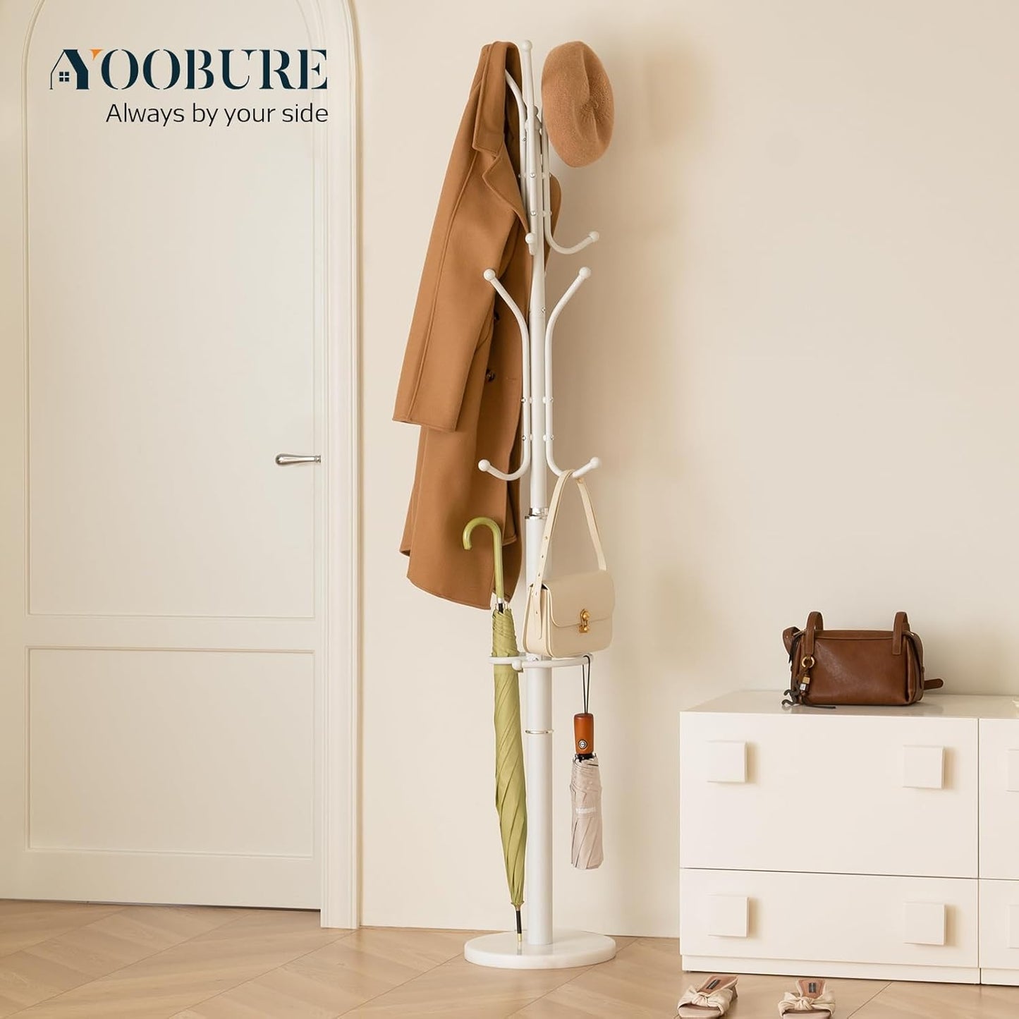 Yoobure Metal Coat Rack Freestanding with Marble Base, Coat Tree with 12 Hooks & Umbrella Holder, Coat Hanger Stand for Corner Entryway Bedroom Office, Heavy Duty Coat Rack Stand for Clothes Hats Bags