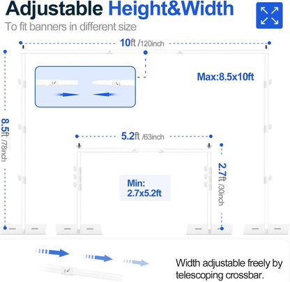 EMART Backdrop Stand, 8.5x10ft Width Adjustable Photography Background Support Poles with Heavy Duty Flat Base, Photo Metal Steel Pipe and Drape Frame Kit for Parties Birthday Wedding - White