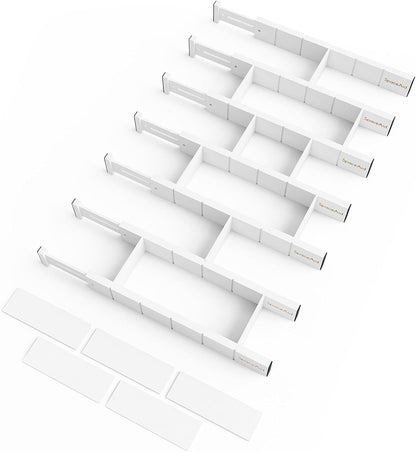 SpaceAid Bamboo Drawer Dividers with Inserts and Labels, Kitchen Adjustable Drawer Organizers, Expandable Organization for Home, Office, Dressers, 7 Dividers with 15 Inserts (17"-22" White)