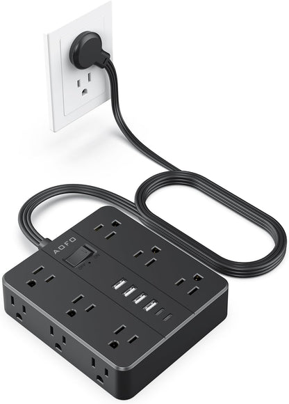 Flat Plug Power Strip, AOFO 5 Ft Extension Cord with 12 Outlets & 6 USB Ports (4 USB-A, 2 USB-C), Surge Protector, Ideal for Home, Office, Dorm, Large Spaces, Reliable and Safe, Black