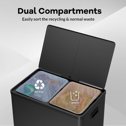 Dual Trash Can with Lid, 16 Gallon/60L Stainless Steel Recycling Trash Bin with 2 Removable Waste Buskets and Wide Pedal, Black Garbage Bin for Home Kitchen